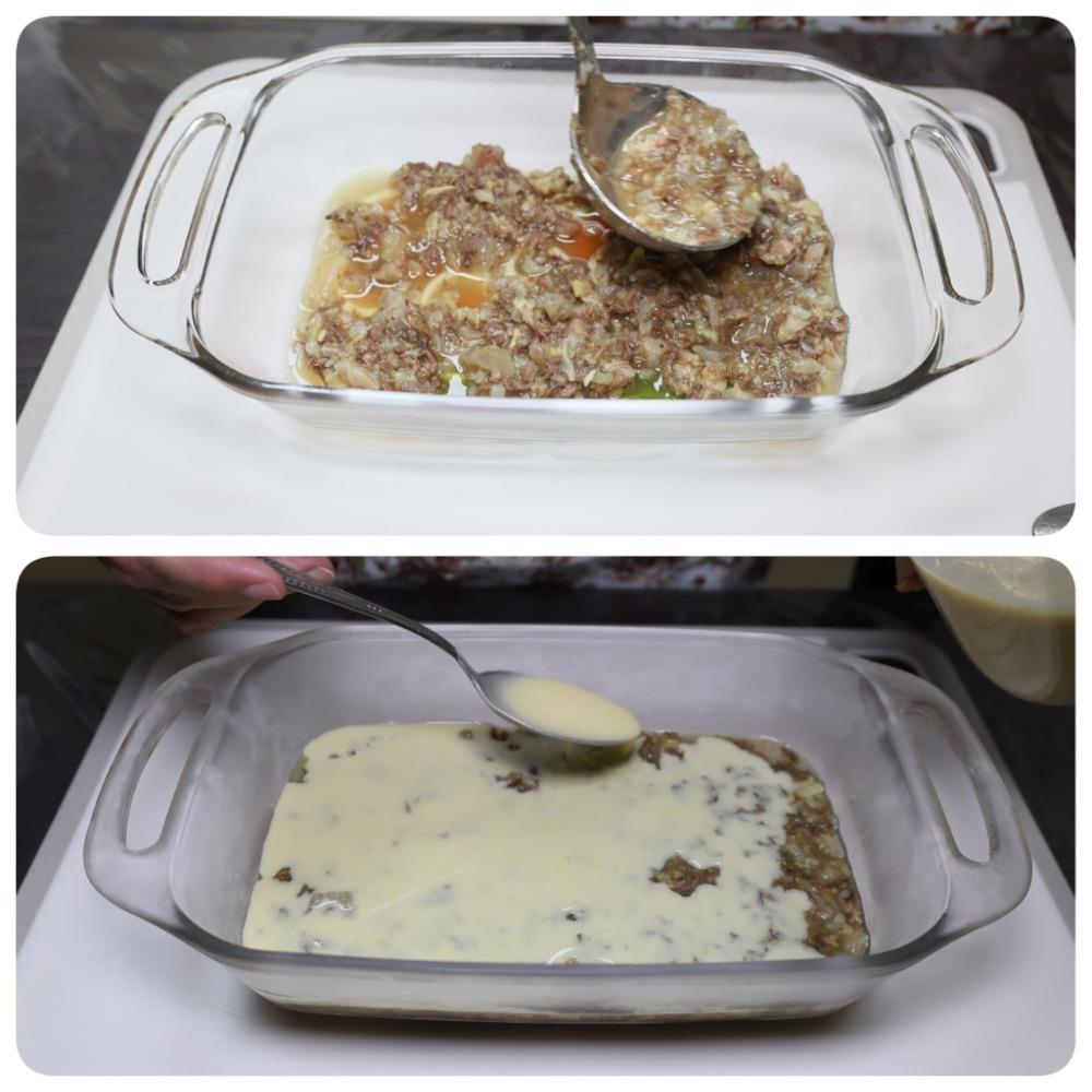 Выкладываем слои мяса и желтковой массы поочерёдно