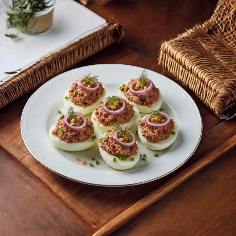 Фаршированные яйца с колбасой