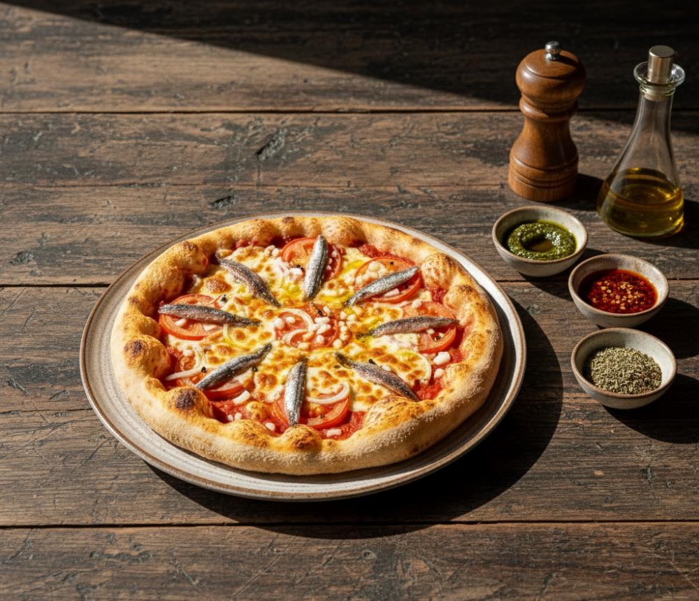 Сицилийская пицца с анчоусами, томатами и сыром