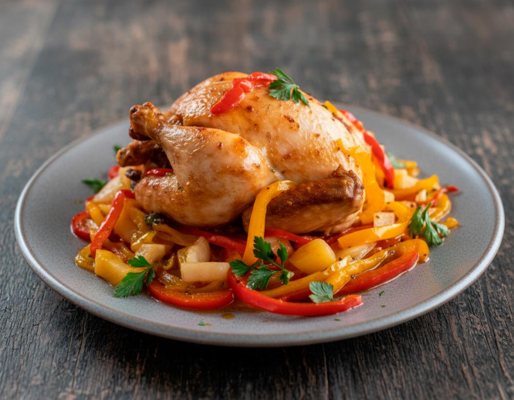 Цыплята на ананасе и перцах, в сладко горьком соусе