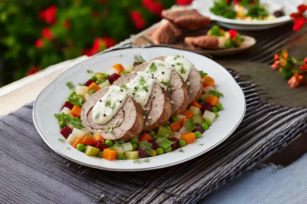 Рулет из телятины с овощным гарниром и майонезом