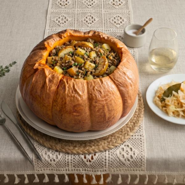 Фаршированная тыква с говядиной, гречкой и картофелем